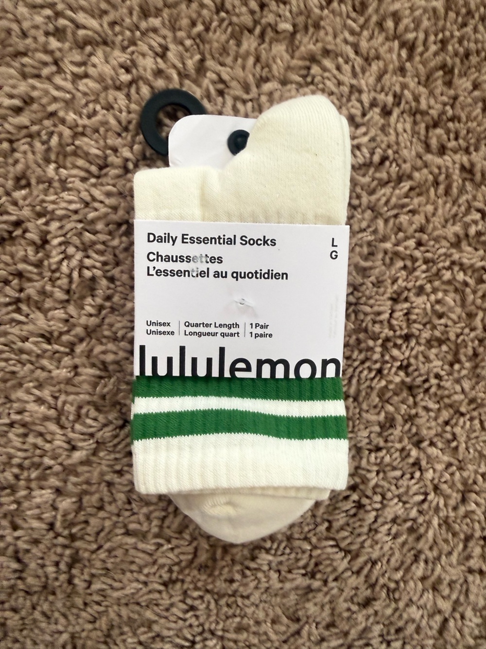 lululemon athletica Men's White Quarter Socks with Green Stripes